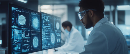 In a high-tech laboratory, a scientist carefully examines intricate data visualizations on large screens while a colleague works quietly in the background, focusing on their tasks.の素材