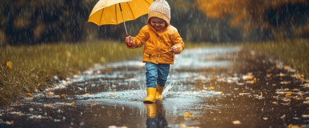 A young child dressed in a bright yellow coat and rubber boots walks happily through puddles, holding a yellow umbrella as rain falls. Autumn leaves surround them.の素材