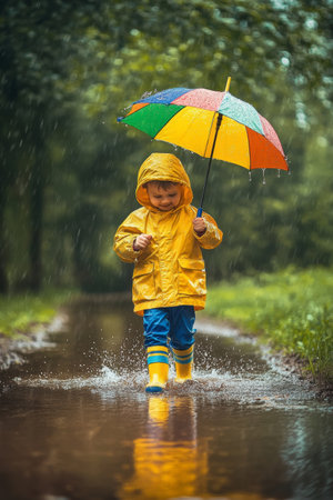 A child gleefully jumps in puddles while wearing a vibrant yellow raincoat and striped boots. The colorful umbrella adds cheer during a rainy day in the park.の素材