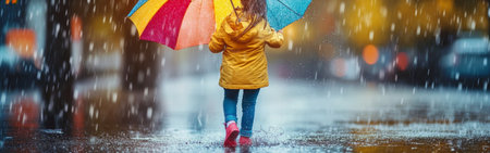 A child wearing a yellow raincoat and pink boots strolls through a shiny wet street, holding a bright umbrella under the pouring rain in an autumn setting.の素材