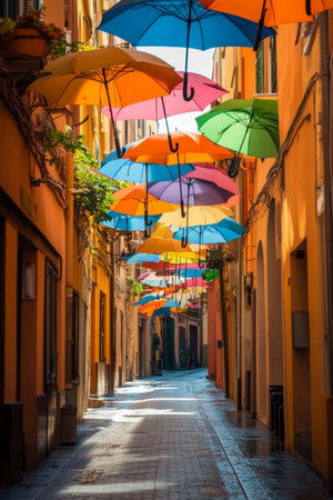 A narrow cobblestone street in an Italian town showcases a display of colorful umbrellas suspended above, brightening the scene under clear blue skies.の素材