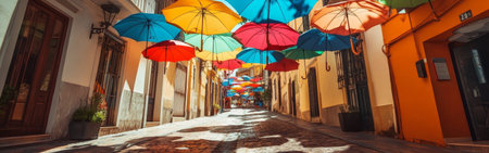 Vibrant umbrellas of various colors are suspended above a narrow, cobblestone street, casting playful shadows on the ground during a sunny day, enhancing the lively atmosphere.の素材