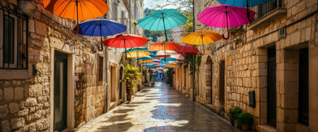 A vibrant array of umbrellas hang above a narrow cobblestone street, casting colorful shadows. The charming buildings line the way, creating a cheerful atmosphere.の素材