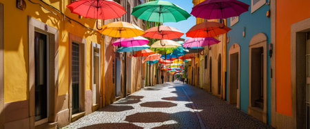 A lively street is adorned with colorful umbrellas hanging overhead. The cobblestone path reflects sunlight, enhancing the cheerful atmosphere of the scene.の素材