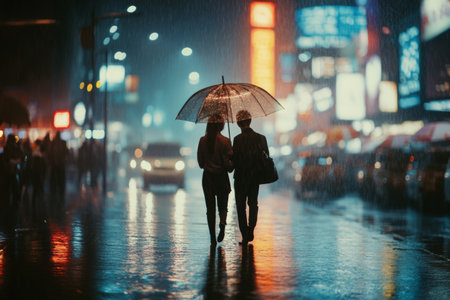 A couple shares an umbrella while strolling through a busy city street at night. Rain falls around them, reflecting colorful neon lights on the wet pavement.の素材