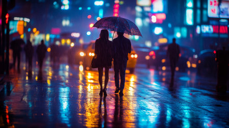A couple strolls down a wet street holding an umbrella, with colorful neon signs illuminating their path on a rainy night in the city.の素材