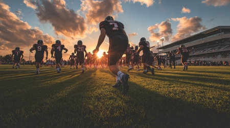 A team of high school football players runs onto the field, excited and determined, as the sun sets behind them, casting a warm glow over the stadium and grass.の素材