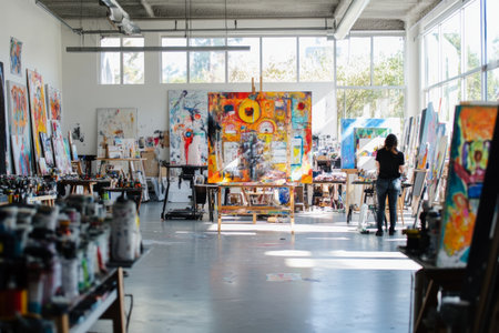 An artist stands in a spacious, well-lit studio, focused on an abstract painting on an easel surrounded by numerous vibrant artworks and paint supplies.の素材