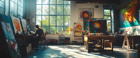 An artist carefully paints on a canvas in a spacious studio, illuminated by natural light filtering through large windows. The room is filled with vibrant artwork.の素材