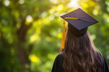 A graduate stands proudly, wearing a traditional cap and gown, with their back to the viewer. The lush greenery and warm afternoon light create a joyful and serene atmosphere.の素材