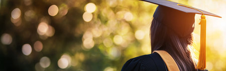 A student in graduation attire faces away, basking in warm sunlight. The soft glow enhances the moment, celebrating their academic success and new beginnings.の素材