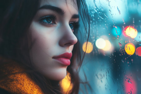 A young woman gazes dreamily through a rain-specked window on a rainy evening, surrounded by city lights that create a warm, blurry backdrop of color.の素材
