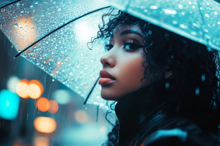 A young woman stands beneath a clear umbrella, her curly hair framing her face as raindrops cascade around her. The city lights reflect softly on the wet pavement, creating a serene atmosphere.の素材