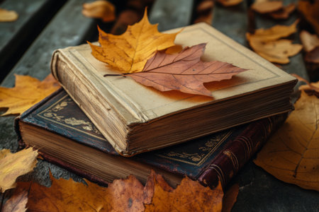 Two vintage books rest on a wooden surface, adorned with a vibrant autumn leaf. Surrounding them are scattered orange and brown leaves, creating a peaceful fall atmosphere.の素材