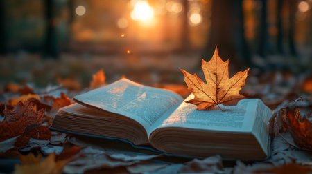 Autumn colors envelop the forest as a book lies open among vibrant fallen leaves, with a golden maple leaf delicately placed on its pages, capturing the season's tranquility.の素材