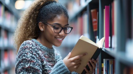 In a serene library, a young woman with curly hair and glasses smiles as she reads a book, immersed in the peaceful atmosphere of knowledge and learning.の素材