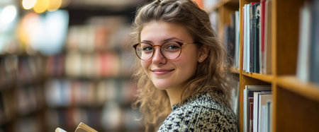 A smiling young woman with curly hair and glasses enjoys reading a book in a cozy library. The background reveals a warm atmosphere with many books.の素材