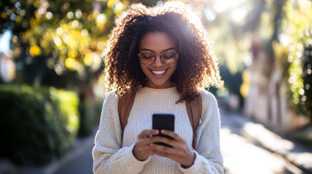 A young woman with curly hair wears a cozy sweater and glasses while happily browsing her smartphone in a sunlit park, surrounded by greenery, in the afternoon.の素材