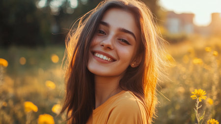 A young woman stands in a vibrant field, radiating joy as the golden sunlight touches her hair and illuminates the surrounding wildflowers.の素材
