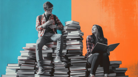 Two students sit among large piles of books, with one reading attentively while the other prepares to take notes in a lively, colorful setting.の素材