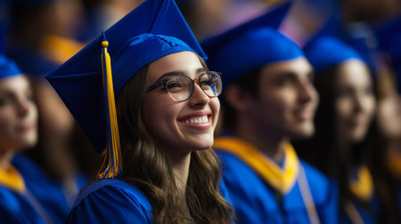 A young woman beams with pride while seated among graduates at a university commencement ceremony, wearing a blue cap and gown adorned with a yellow tassel.の素材