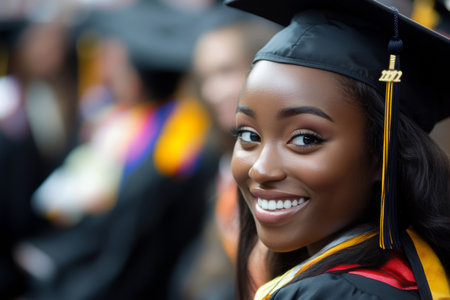 A young woman beams with happiness as she attends her graduation ceremony, surrounded by fellow graduates in caps and gowns, celebrating their achievements.の素材