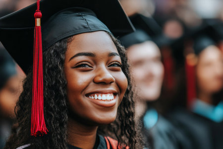 A proud graduate beaming with happiness in her graduation cap and gown during an outdoor ceremony, surrounded by fellow graduates celebrating their achievement.の素材
