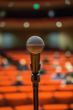A microphone stands prominently on stage, focused and ready for use, while an audience sits blurred in the background, engaged in a lively performance.の素材