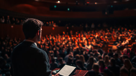 A speaker stands at a podium addressing a captivated audience in a packed auditorium, sharing insights on innovation and inspiring future leaders through education.の素材