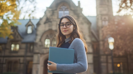 A young woman in glasses stands confidently with a binder outside a historic university building. The sun casts a warm glow on the autumn leaves, creating a lively atmosphere.の素材