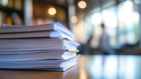 A neat stack of papers sits on a polished wooden table, while blurred figures work in the bustling background of a sunny office space filled with natural light.の素材