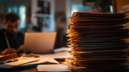 In a dimly lit room, a stack of papers dominates the foreground while a person sits at a desk, concentrating on tasks with a laptop open nearby.の素材