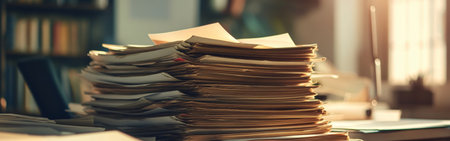 Stacks of papers pile high on a desk, bathed in warm afternoon sunlight, creating a sense of disorganization in a busy office environment.の素材