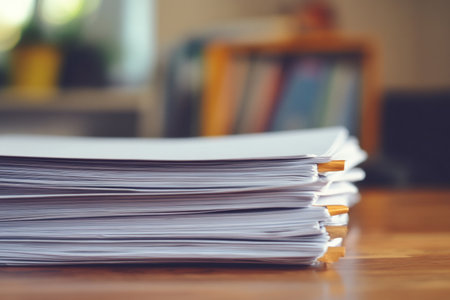 A neatly arranged stack of white sheets lies on a wooden table, surrounded by a bright workspace filled with natural light, creating a productive atmosphere.の素材