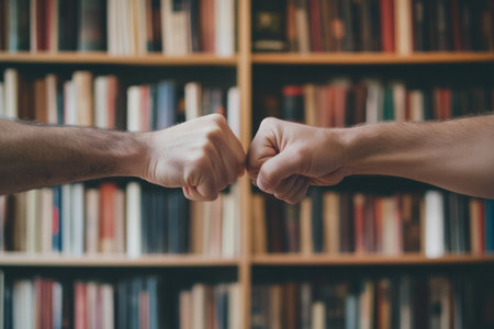 In a cozy library setting, two individuals share a playful fist bump, symbolizing friendship and teamwork amid a backdrop of extensive bookshelves filled with literature.の素材