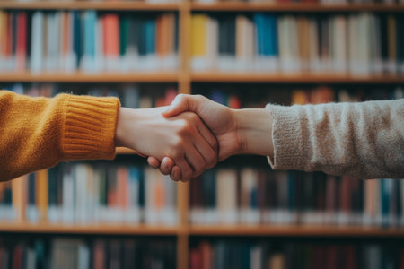 A close-up view of two hands engaged in a handshake in a library, suggesting a moment of agreement or collaboration surrounded by shelves of books.の素材