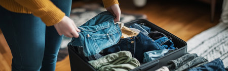 A person sorts through clothing while packing a suitcase. Jeans, shirts, and other apparel fill the bag, reflecting preparation for a journey.の素材