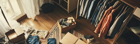 Bright sunlight filters through the window, illuminating a cluttered bedroom as clothes are piled on the floor and boxes are opened, revealing their contents.の素材