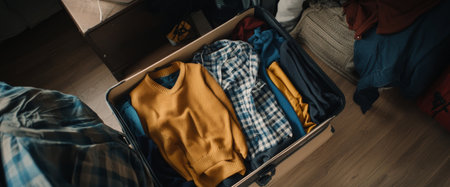 A suitcase lies open on the floor, filled with neatly folded clothes, surrounded by a cluttered room. A soft light casts shadows, adding a warm atmosphere to the space.の素材