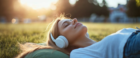 A young woman lies back on a grassy area, eyes closed, enjoying the warmth of the sun and the music playing through her headphones. It's a peaceful afternoon.の素材