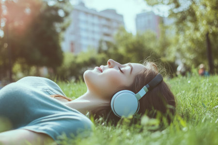 A young woman lies peacefully on the grass in a park, listening to music through her headphones. The sun shines brightly above, creating a calm atmosphere.の素材