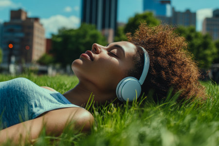 A young woman relaxes on the grass in a city park, basking in the warm sun and enjoying her favorite tunes through her headphones, surrounded by greenery and buildings.の素材