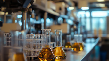The laboratory displays various glass beakers and flasks filled with yellow liquids, arranged neatly on a countertop in a bright, well-organized research space.の素材