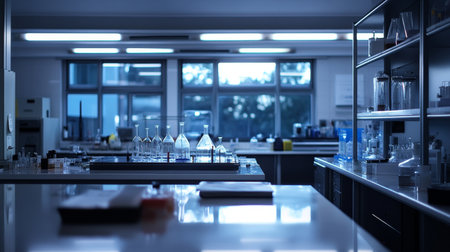 This laboratory features various glass vessels and instruments, illuminated by soft morning light streaming through large windows, indicating a focus on scientific research.の素材