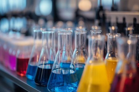 Vibrant glass containers containing a spectrum of colored liquids are displayed on a laboratory counter, reflecting a busy research atmosphere filled with scientific inquiry.の素材