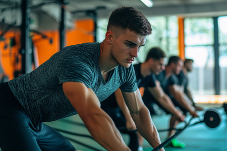 A young man is engaged in a challenging workout in a gym, concentrating on his form while using a barbell. Several others are also training in the background.の素材