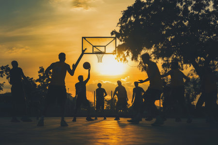 A group of basketball players showcases their skills against a stunning sunset backdrop, highlighting their silhouettes as they dribble and shoot.の素材