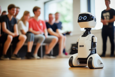 Students gather in a classroom, observing a small humanoid robot that is actively demonstrating its features and capabilities, capturing their attention.の素材