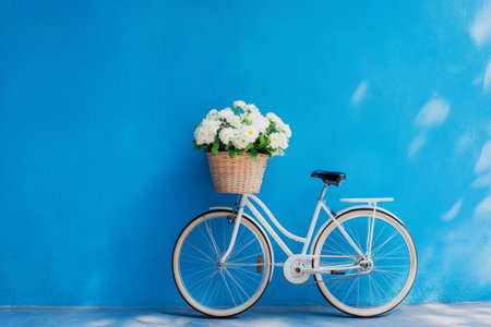 A white bicycle stands against a vibrant blue wall, featuring a woven basket filled with fresh, colorful flowers. This delightful arrangement adds a touch of charm to any outdoor space.の素材