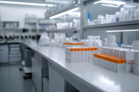 In a bright and sterile laboratory, rows of neatly organized medicine boxes are showcased. The environment emphasizes cleanliness and precision, perfect for pharmaceutical work.の素材